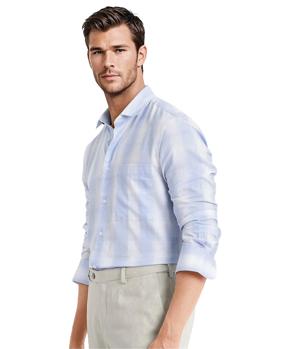 Rare Rabbit Men's Loto Light Blue Cotton Checked Print Regular Fit Full Sleeve Collared Shirt