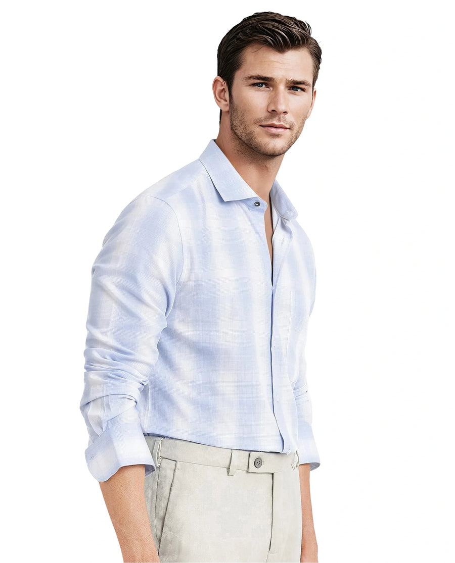 Rare Rabbit Men's Loto Light Blue Cotton Checked Print Regular Fit Full Sleeve Collared Shirt
