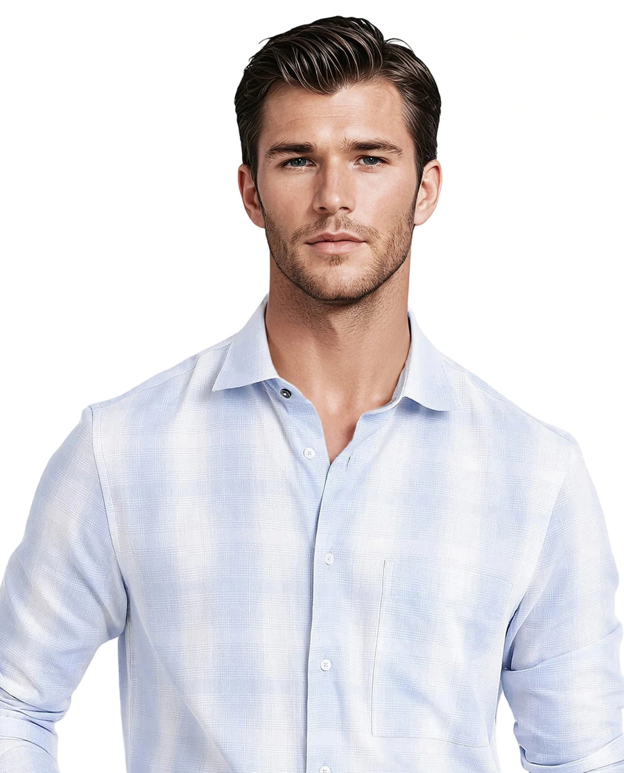 Rare Rabbit Men's Loto Light Blue Cotton Checked Print Regular Fit Full Sleeve Collared Shirt