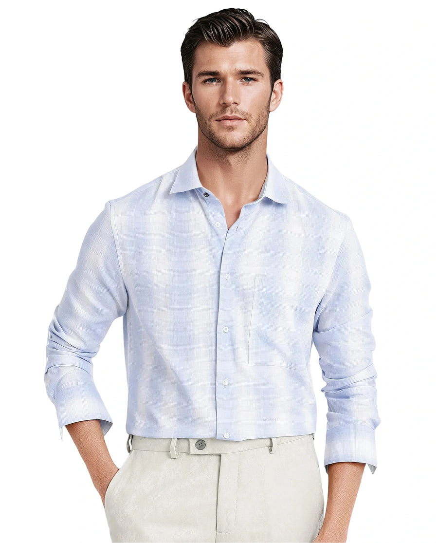 Rare Rabbit Men's Loto Light Blue Cotton Checked Print Regular Fit Full Sleeve Collared Shirt