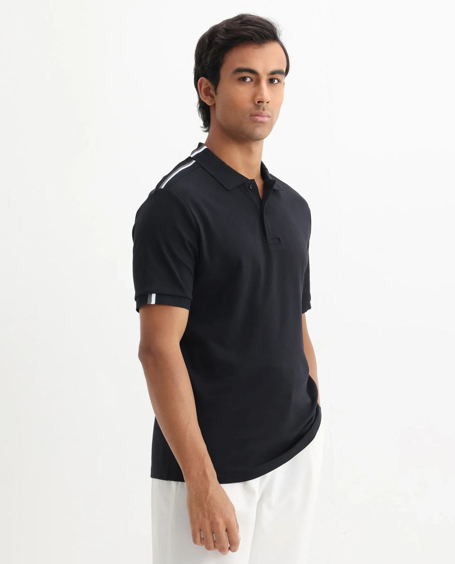 Rare Rabbit Men Loui Black Cotton Fabric Striped Short Sleeve And Collar Neck Plain Polo