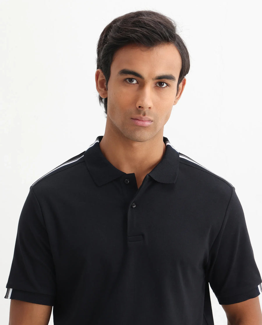 Rare Rabbit Men Loui Black Cotton Fabric Striped Short Sleeve And Collar Neck Plain Polo