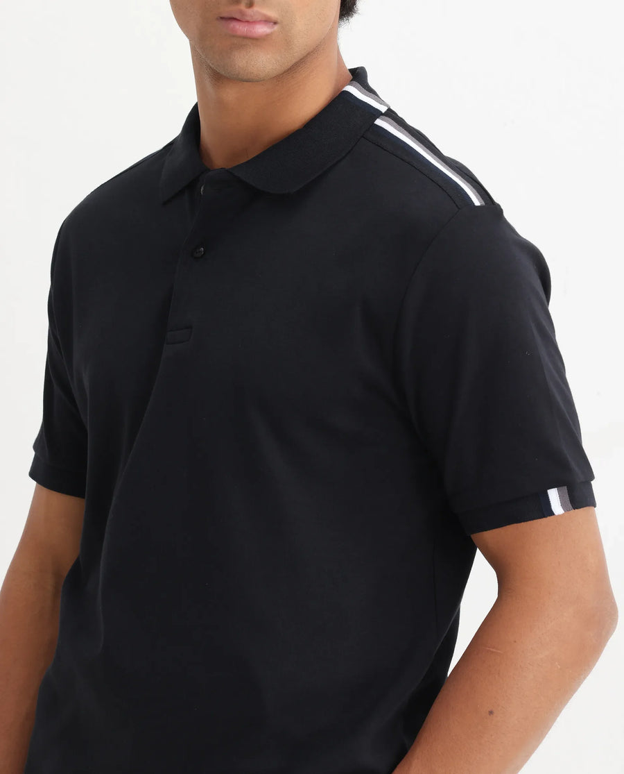 Rare Rabbit Men Loui Black Cotton Fabric Striped Short Sleeve And Collar Neck Plain Polo