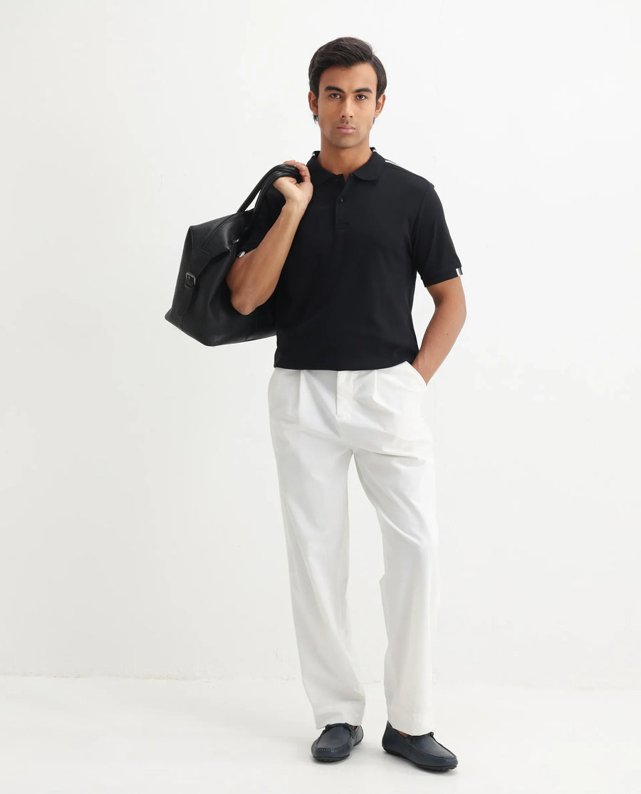Rare Rabbit Men Loui Black Cotton Fabric Striped Short Sleeve And Collar Neck Plain Polo