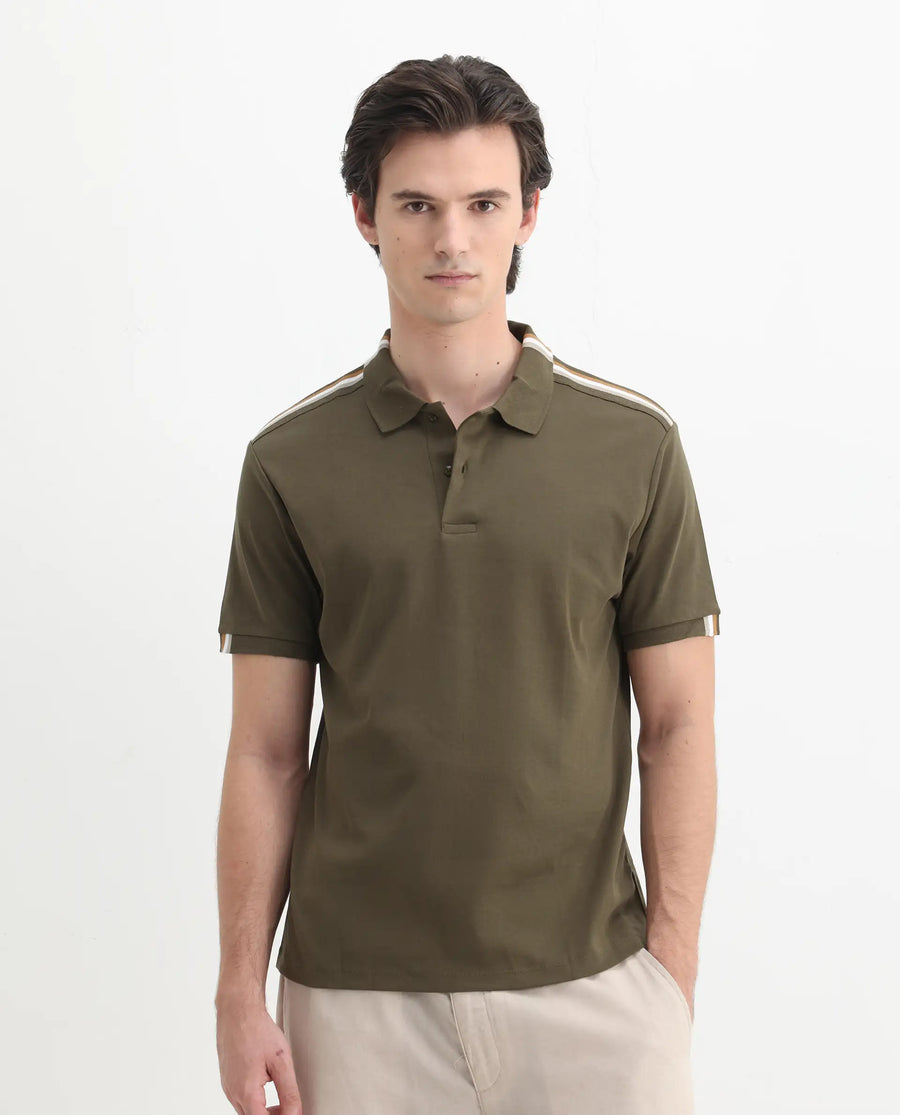 Rare Rabbit Men Loui Olive Cotton Fabric Striped Short Sleeve And Collar Neck Plain Polo