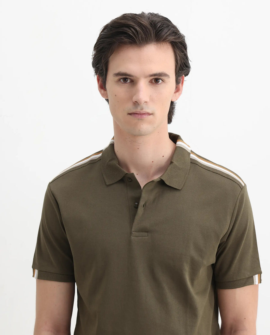 Rare Rabbit Men Loui Olive Cotton Fabric Striped Short Sleeve And Collar Neck Plain Polo