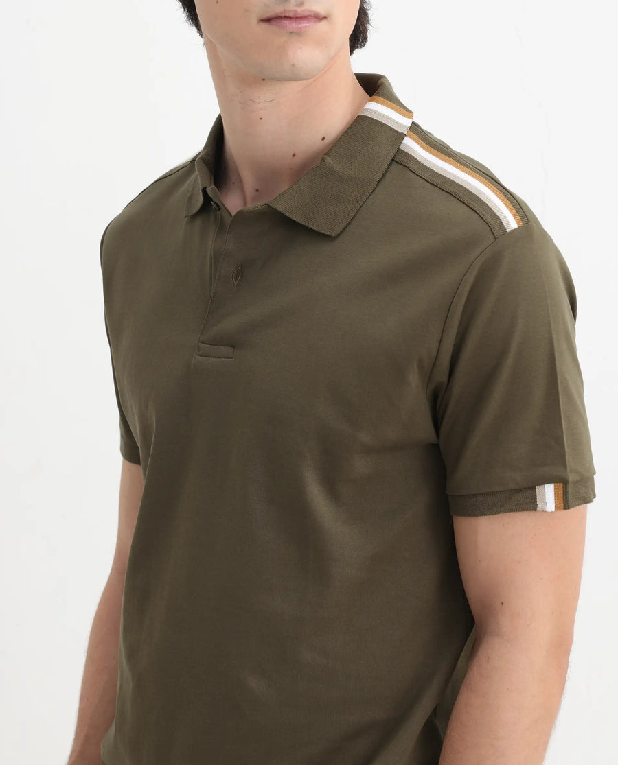 Rare Rabbit Men Loui Olive Cotton Fabric Striped Short Sleeve And Collar Neck Plain Polo