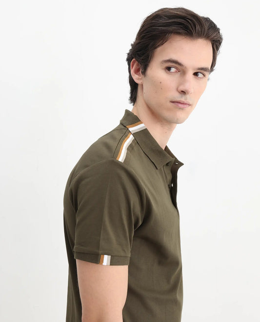 Rare Rabbit Men Loui Olive Cotton Fabric Striped Short Sleeve And Collar Neck Plain Polo