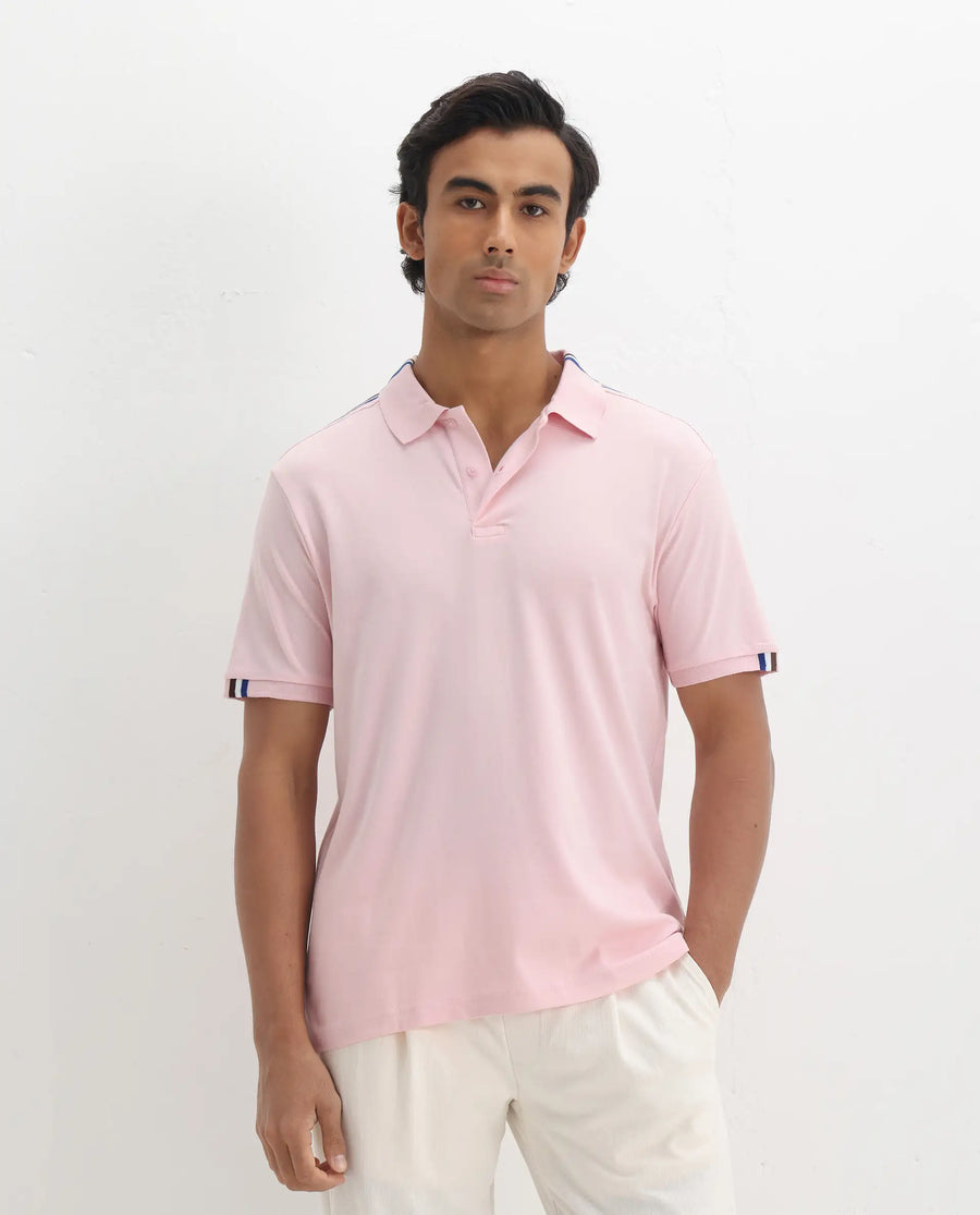 Rare Rabbit Men Loui Light Pink Cotton Fabric Striped Short Sleeve And Collar Neck Plain Polo