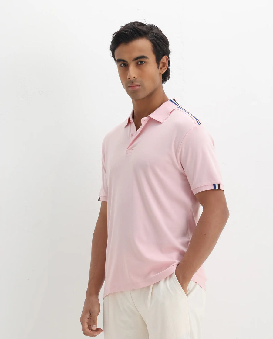 Rare Rabbit Men Loui Light Pink Cotton Fabric Striped Short Sleeve And Collar Neck Plain Polo