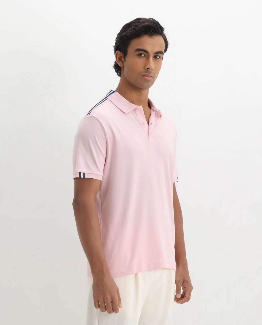 Rare Rabbit Men Loui Light Pink Cotton Fabric Striped Short Sleeve And Collar Neck Plain Polo