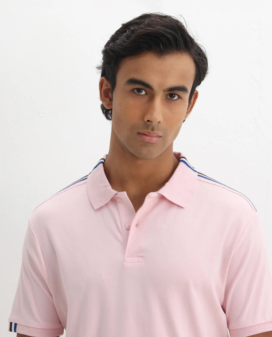 Rare Rabbit Men Loui Light Pink Cotton Fabric Striped Short Sleeve And Collar Neck Plain Polo