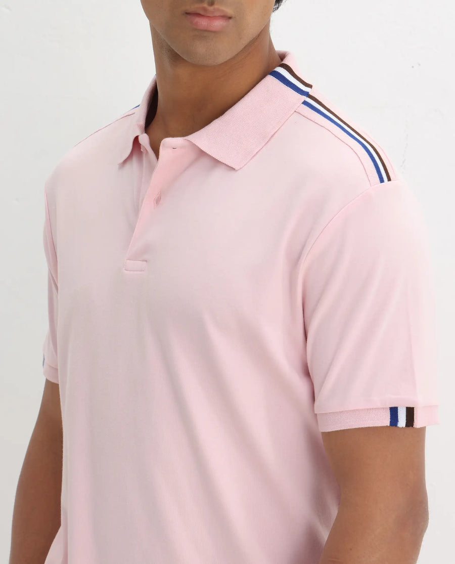Rare Rabbit Men Loui Light Pink Cotton Fabric Striped Short Sleeve And Collar Neck Plain Polo