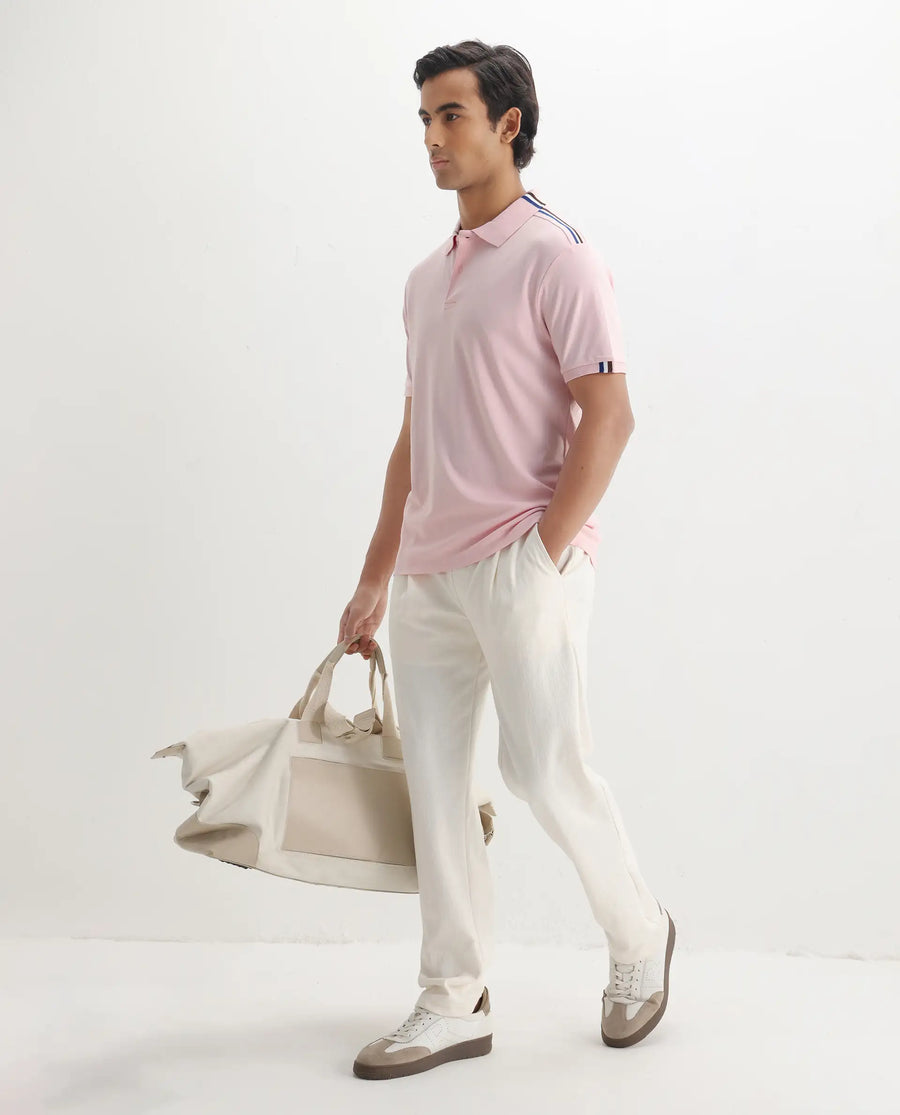 Rare Rabbit Men Loui Light Pink Cotton Fabric Striped Short Sleeve And Collar Neck Plain Polo