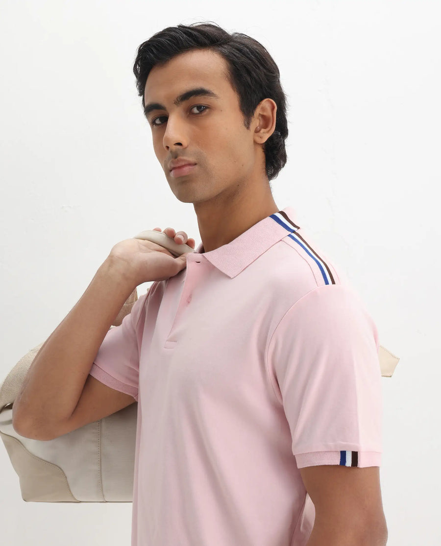 Rare Rabbit Men Loui Light Pink Cotton Fabric Striped Short Sleeve And Collar Neck Plain Polo