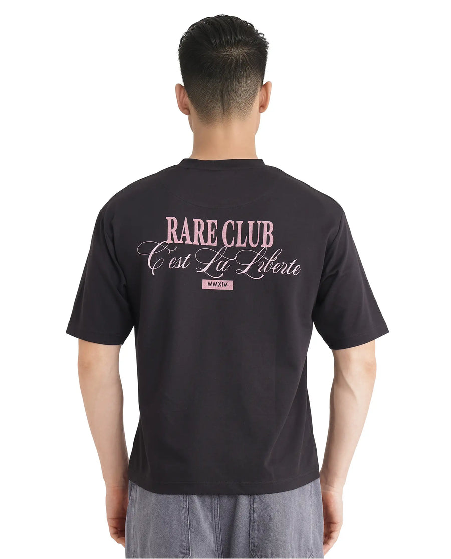 Rare Rabbit Men's Lout Black Cotton Graphic Print Boxy Fit Half Sleeve Crew Neck T-Shirt