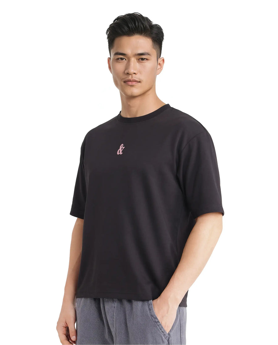 Rare Rabbit Men's Lout Black Cotton Graphic Print Boxy Fit Half Sleeve Crew Neck T-Shirt