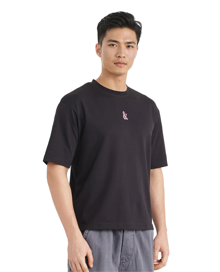 Rare Rabbit Men's Lout Black Cotton Graphic Print Boxy Fit Half Sleeve Crew Neck T-Shirt