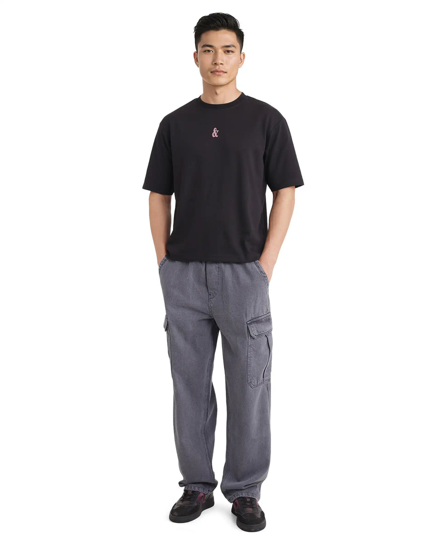 Rare Rabbit Men's Lout Black Cotton Graphic Print Boxy Fit Half Sleeve Crew Neck T-Shirt