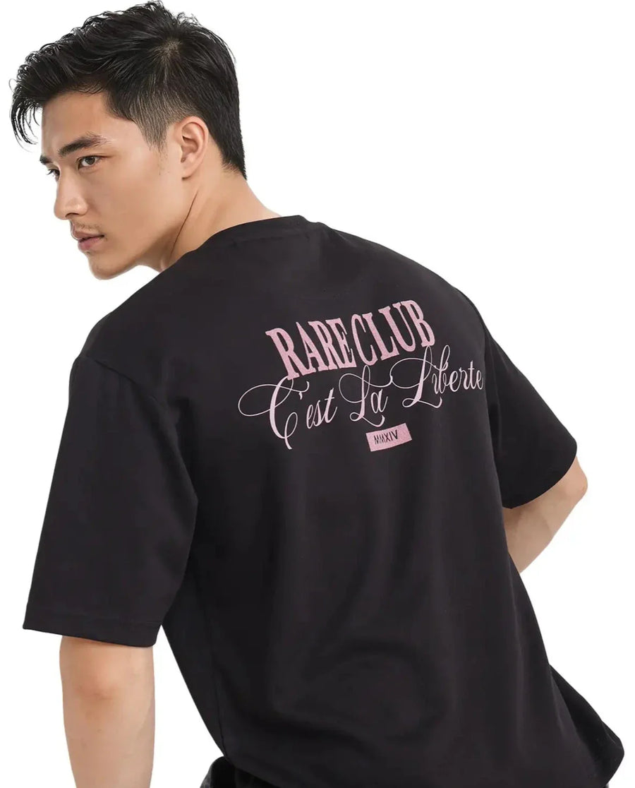 Rare Rabbit Men's Lout Black Cotton Graphic Print Boxy Fit Half Sleeve Crew Neck T-Shirt