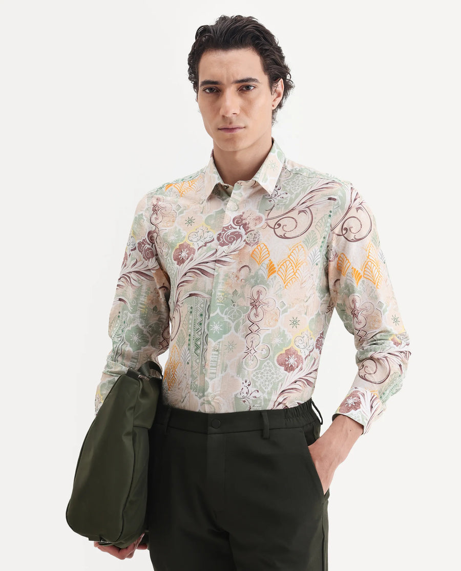 Rare Rabbit Men's Loux Beige Viscose Blend Fabric Collared Neck Regular Abstract Print Shirt