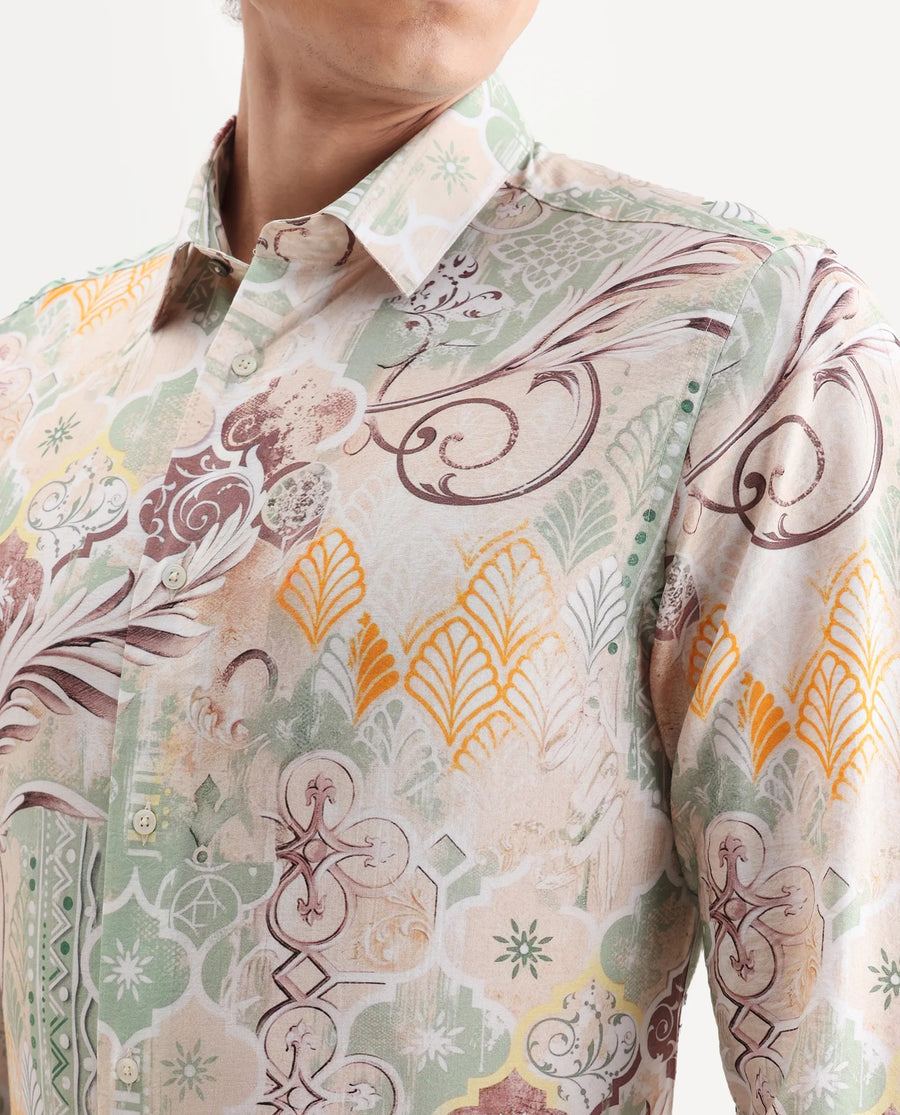 Rare Rabbit Men's Loux Beige Viscose Blend Fabric Collared Neck Regular Abstract Print Shirt