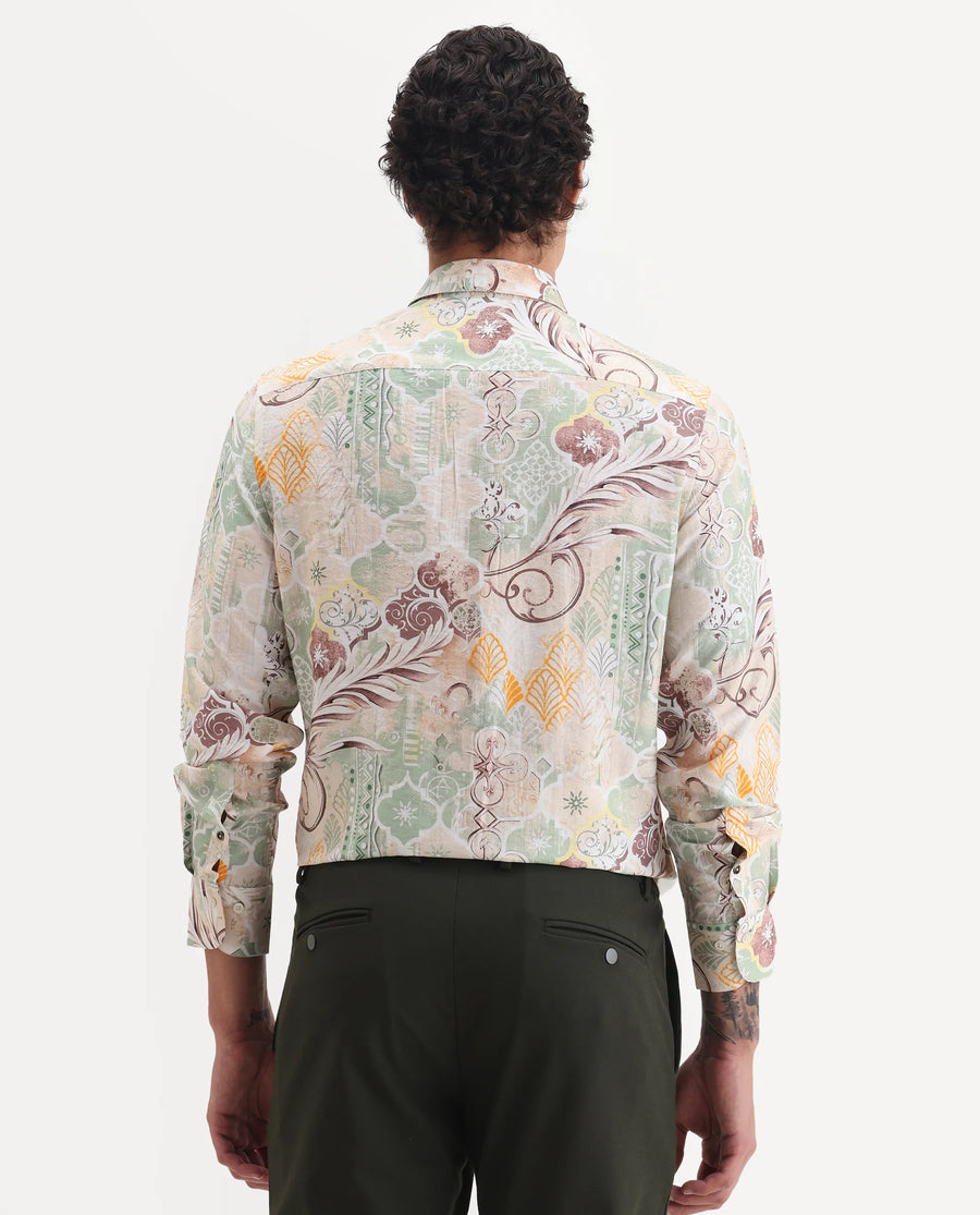 Rare Rabbit Men's Loux Beige Viscose Blend Fabric Collared Neck Regular Abstract Print Shirt