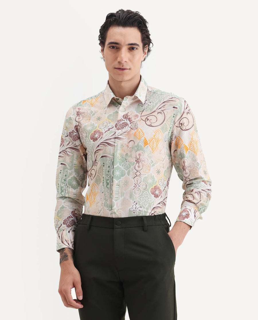 Rare Rabbit Men's Loux Beige Viscose Blend Fabric Collared Neck Regular Abstract Print Shirt