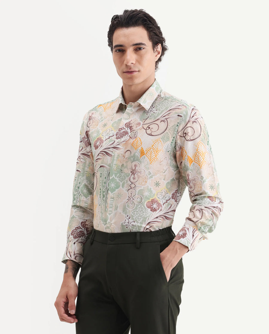 Rare Rabbit Men's Loux Beige Viscose Blend Fabric Collared Neck Regular Abstract Print Shirt