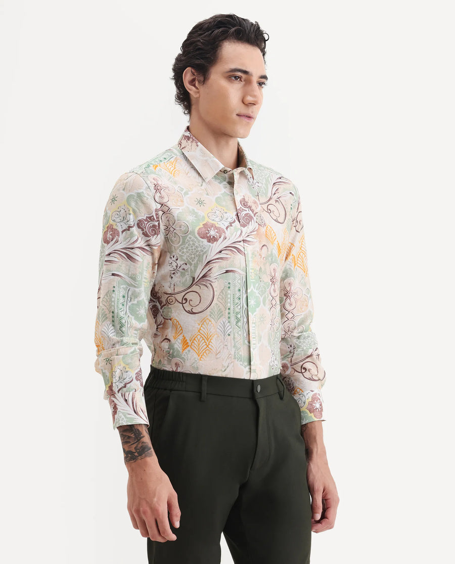 Rare Rabbit Men's Loux Beige Viscose Blend Fabric Collared Neck Regular Abstract Print Shirt