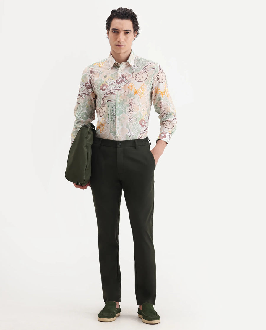 Rare Rabbit Men's Loux Beige Viscose Blend Fabric Collared Neck Regular Abstract Print Shirt