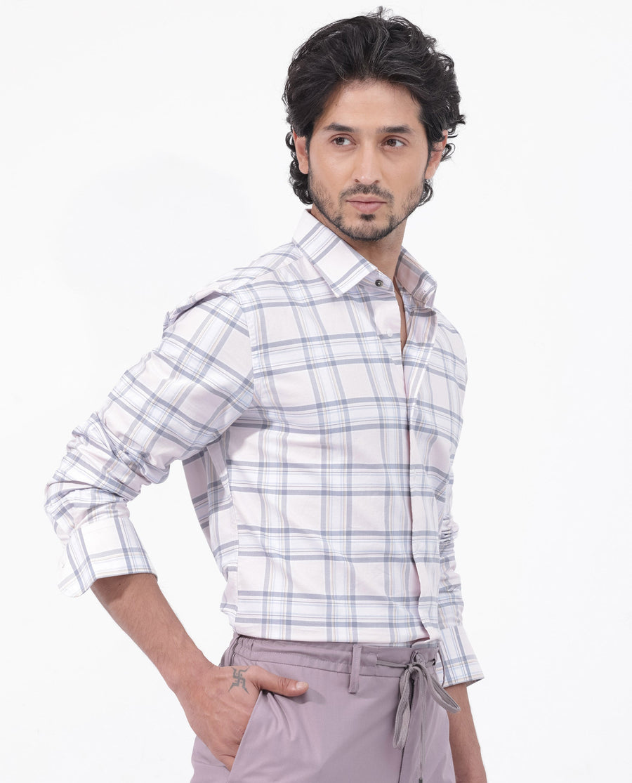 Rare Rabbit Men's Lowen Pastel Pink Cotton Checked Print Regular Fit Full Sleeve Collared Shirt