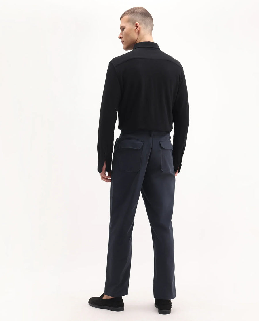 Rare Rabbit Men's Lubeck Navy Cotton Plain Relaxed Fit Trouser