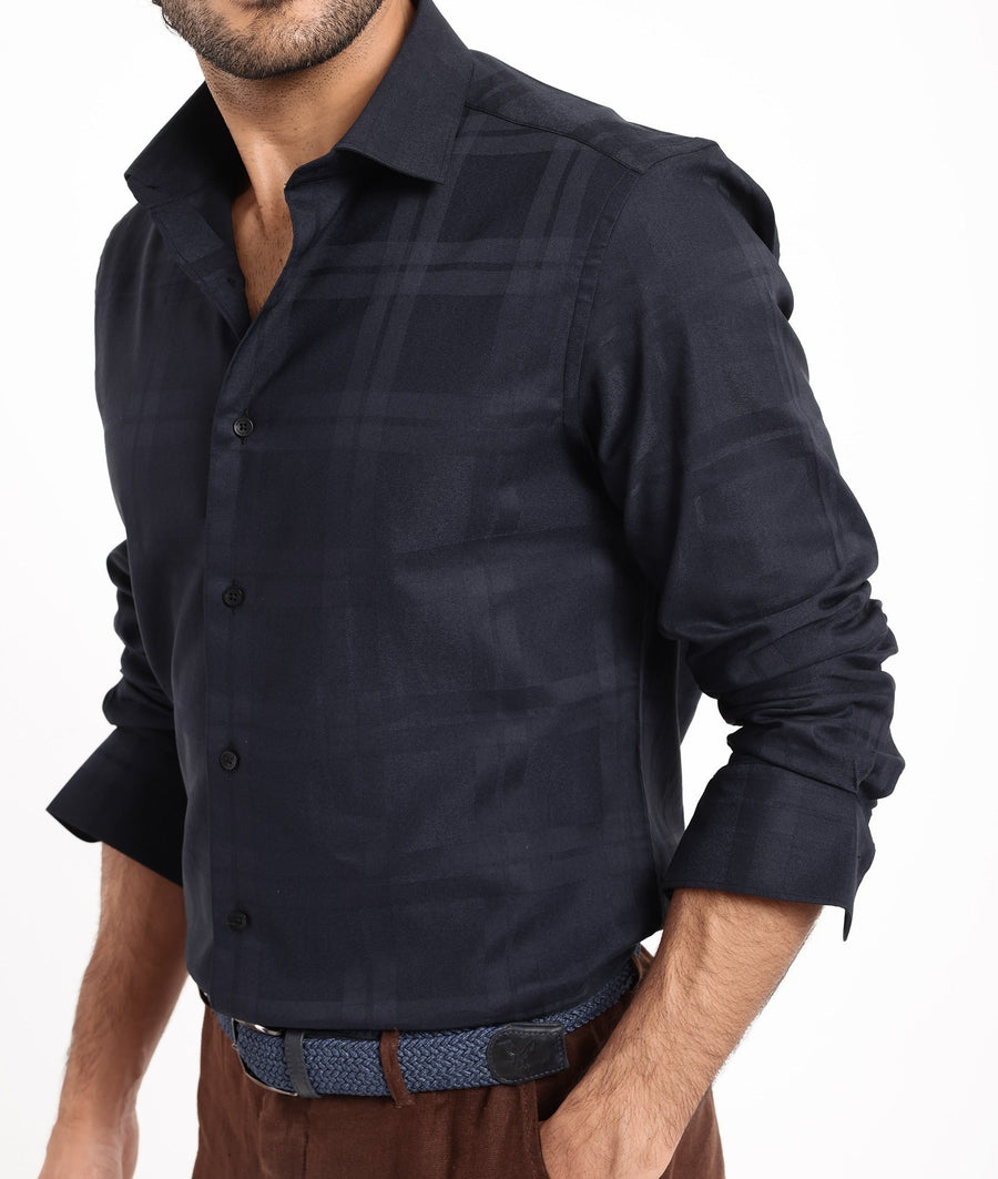 Rare Rabbit Men's Lubin Navy Cotton Checked Print Regular Fit Full Sleeve Collared Shirt