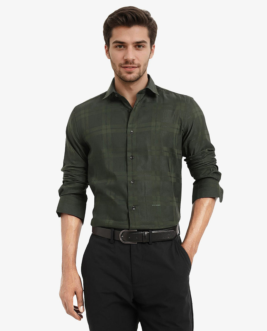 Rare Rabbit Men's Lubin Dark Green Cotton Checked Print Regular Fit Full Sleeve Collared Shirt