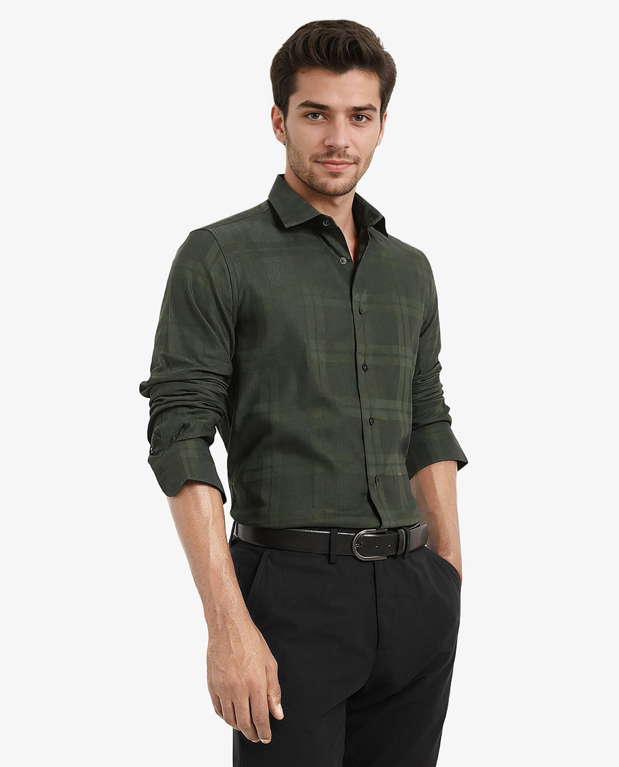Rare Rabbit Men's Lubin Dark Green Cotton Checked Print Regular Fit Full Sleeve Collared Shirt
