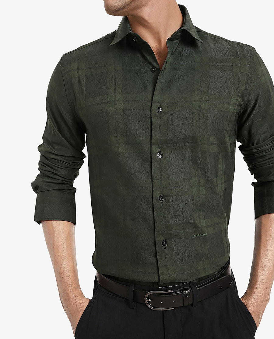 Rare Rabbit Men's Lubin Dark Green Cotton Checked Print Regular Fit Full Sleeve Collared Shirt