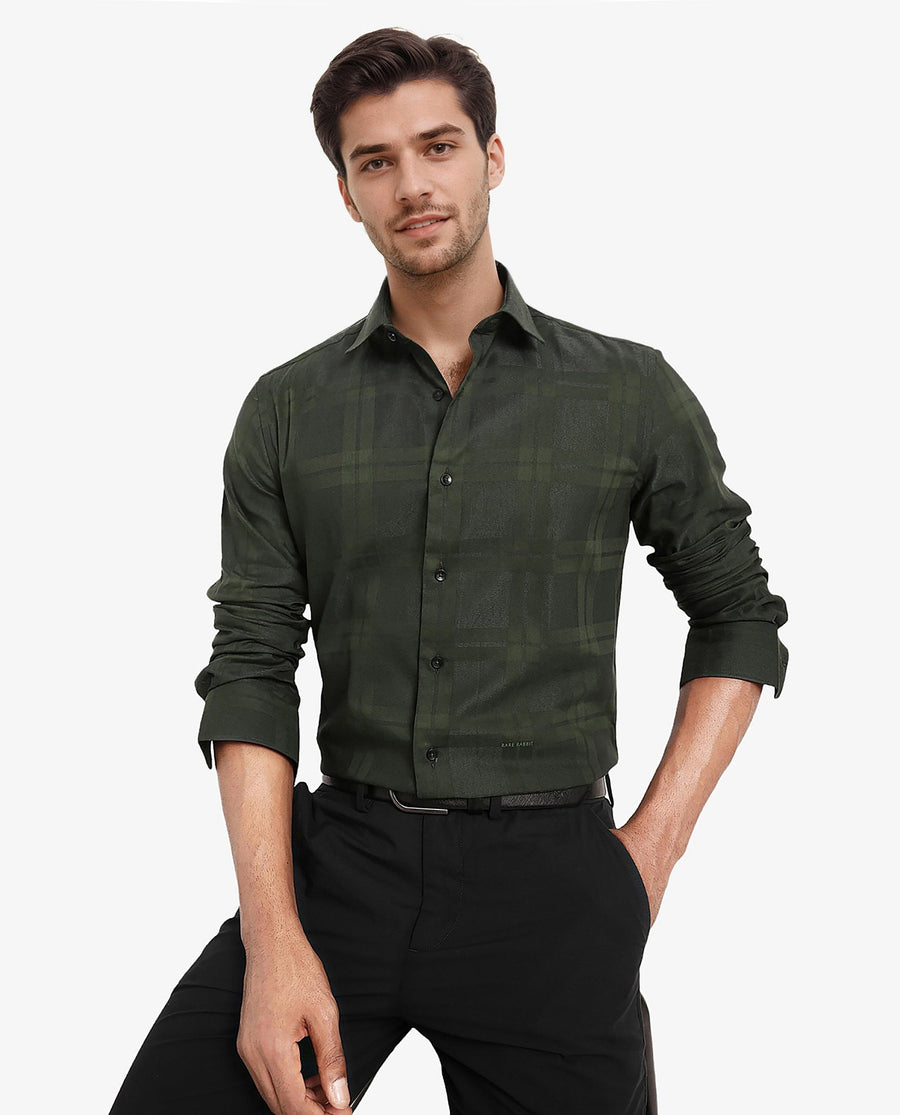 Rare Rabbit Men's Lubin Dark Green Cotton Checked Print Regular Fit Full Sleeve Collared Shirt