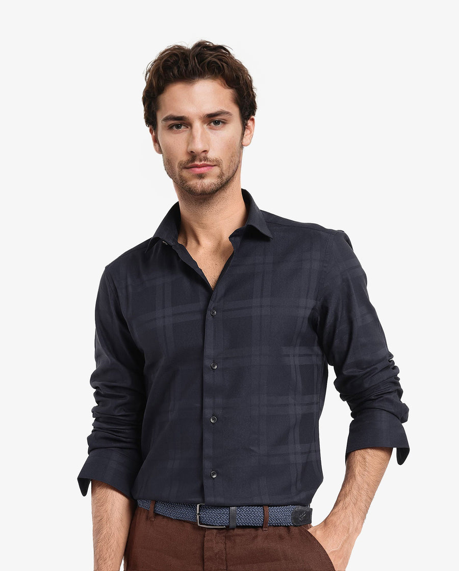 Rare Rabbit Men's Lubin Navy Cotton Checked Print Regular Fit Full Sleeve Collared Shirt