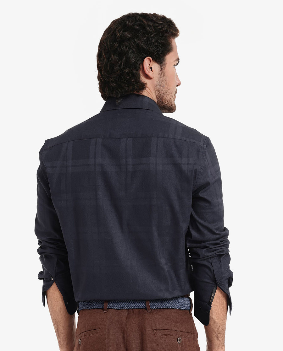 Rare Rabbit Men's Lubin Navy Cotton Checked Print Regular Fit Full Sleeve Collared Shirt