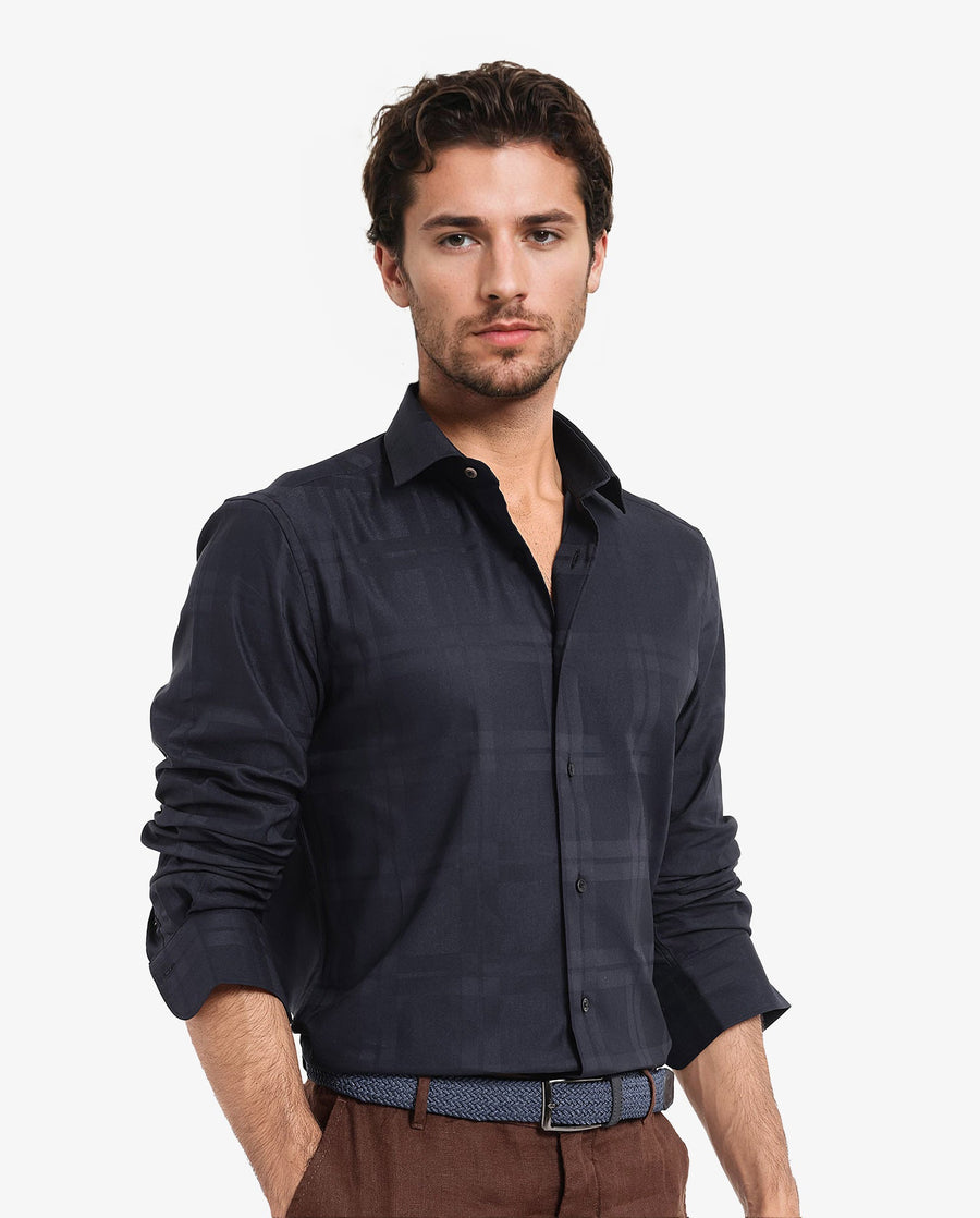 Rare Rabbit Men's Lubin Navy Cotton Checked Print Regular Fit Full Sleeve Collared Shirt