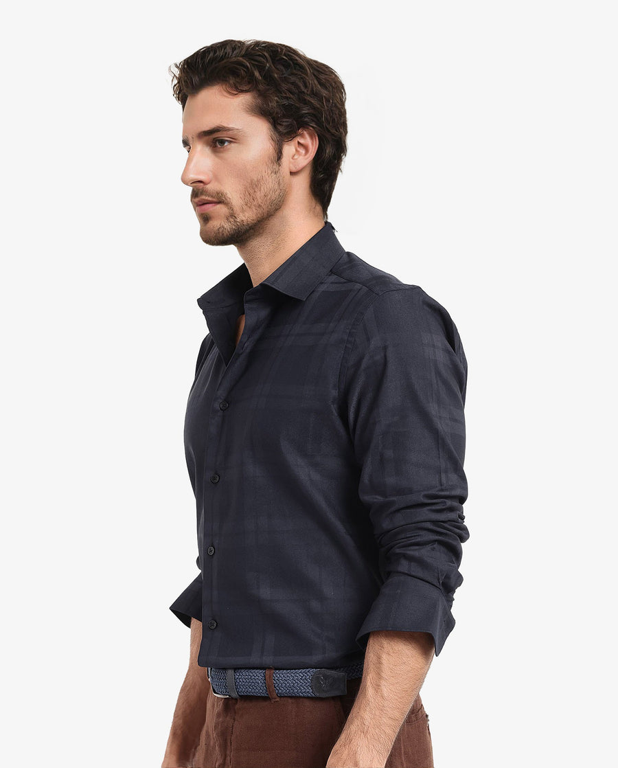 Rare Rabbit Men's Lubin Navy Cotton Checked Print Regular Fit Full Sleeve Collared Shirt