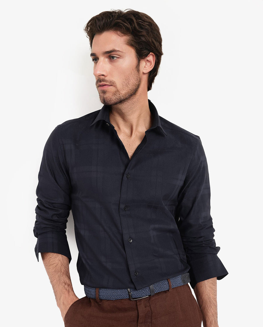 Rare Rabbit Men's Lubin Navy Cotton Checked Print Regular Fit Full Sleeve Collared Shirt