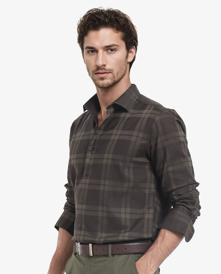 Rare Rabbit Men's Lubin Olive Cotton Checked Print Regular Fit Full Sleeve Collared Shirt