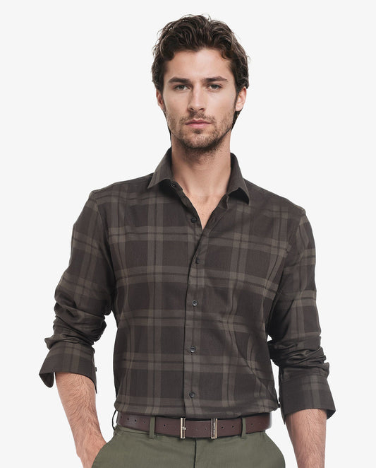 Rare Rabbit Men's Lubin Olive Cotton Checked Print Regular Fit Full Sleeve Collared Shirt
