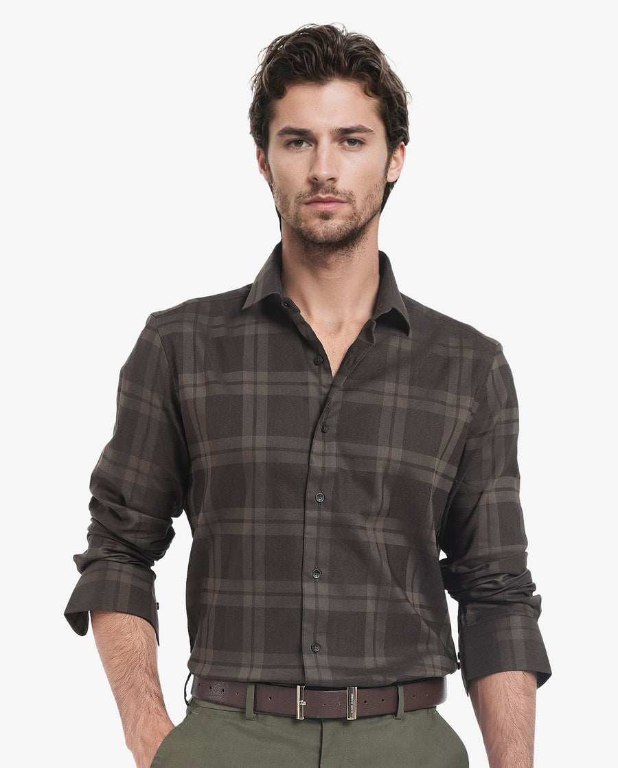 Rare Rabbit Men's Lubin Olive Cotton Checked Print Regular Fit Full Sleeve Collared Shirt