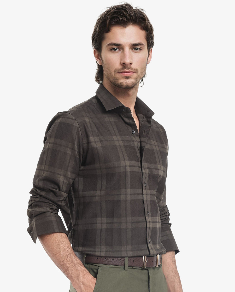 Rare Rabbit Men's Lubin Olive Cotton Checked Print Regular Fit Full Sleeve Collared Shirt