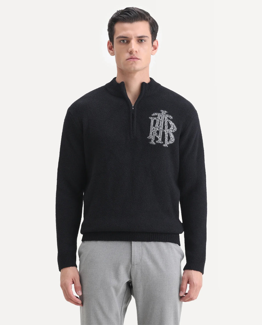 Rare Rabbit Men's Luca Black Nylon Fabric Full Sleeve High Neck Monogram Print Sweater