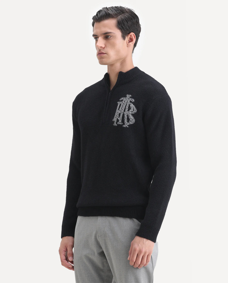 Rare Rabbit Men's Luca Black Nylon Fabric Full Sleeve High Neck Monogram Print Sweater