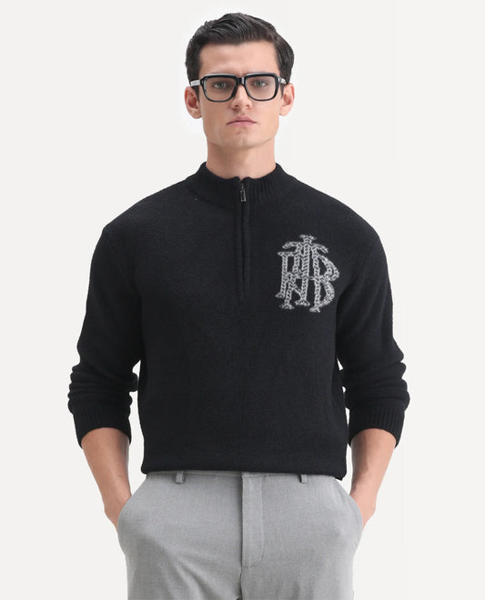 Rare Rabbit Men's Luca Black Nylon Fabric Full Sleeve High Neck Monogram Print Sweater